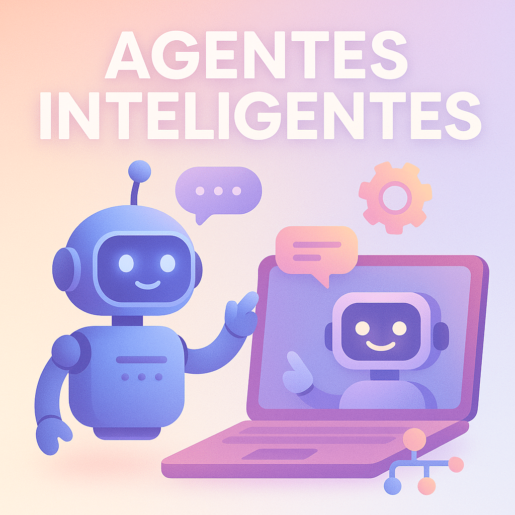 Ilustração colorida em estilo flat mostrando dois agentes inteligentes em tons pastel, um robô com balões de diálogo e um ecrã com IA generativa, representando o conceito de agentes inteligentes em inteligência artificial.